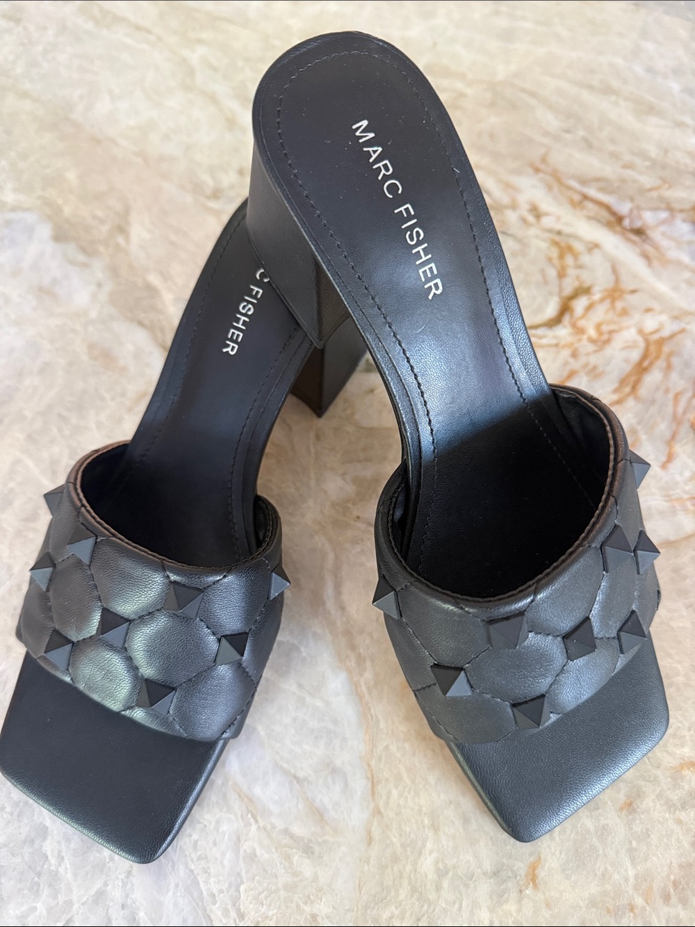 Marc Fisher Gasella Black Studded Woven Mule Heels 7.5